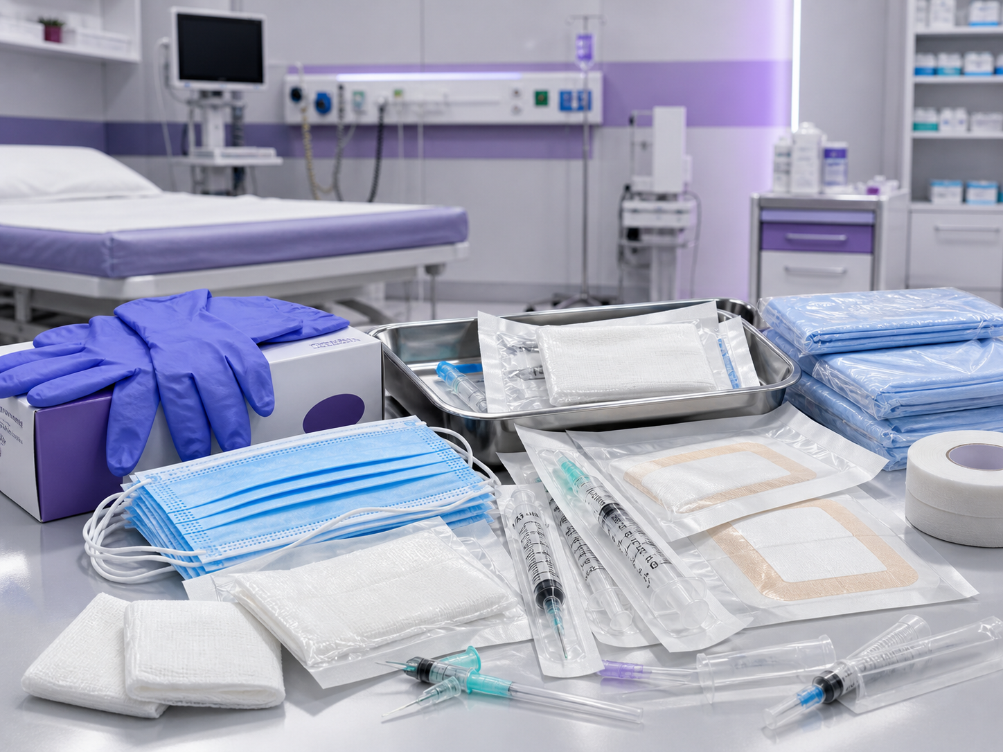 Caixas de descartaveis hospitalares organizadas
